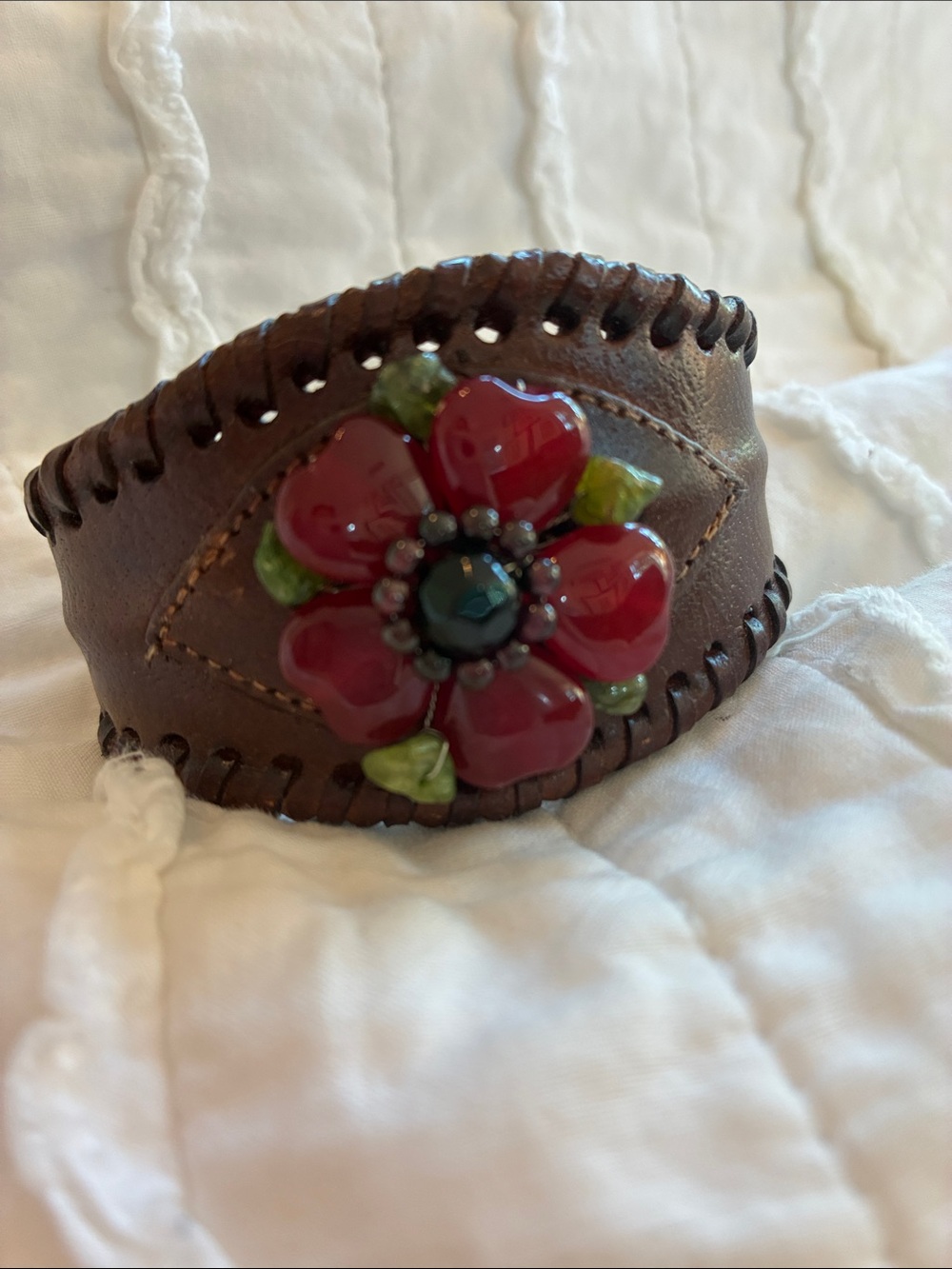 Handcrafted Brown Leather Cuff Bracelet with Red stone  Flower Accent